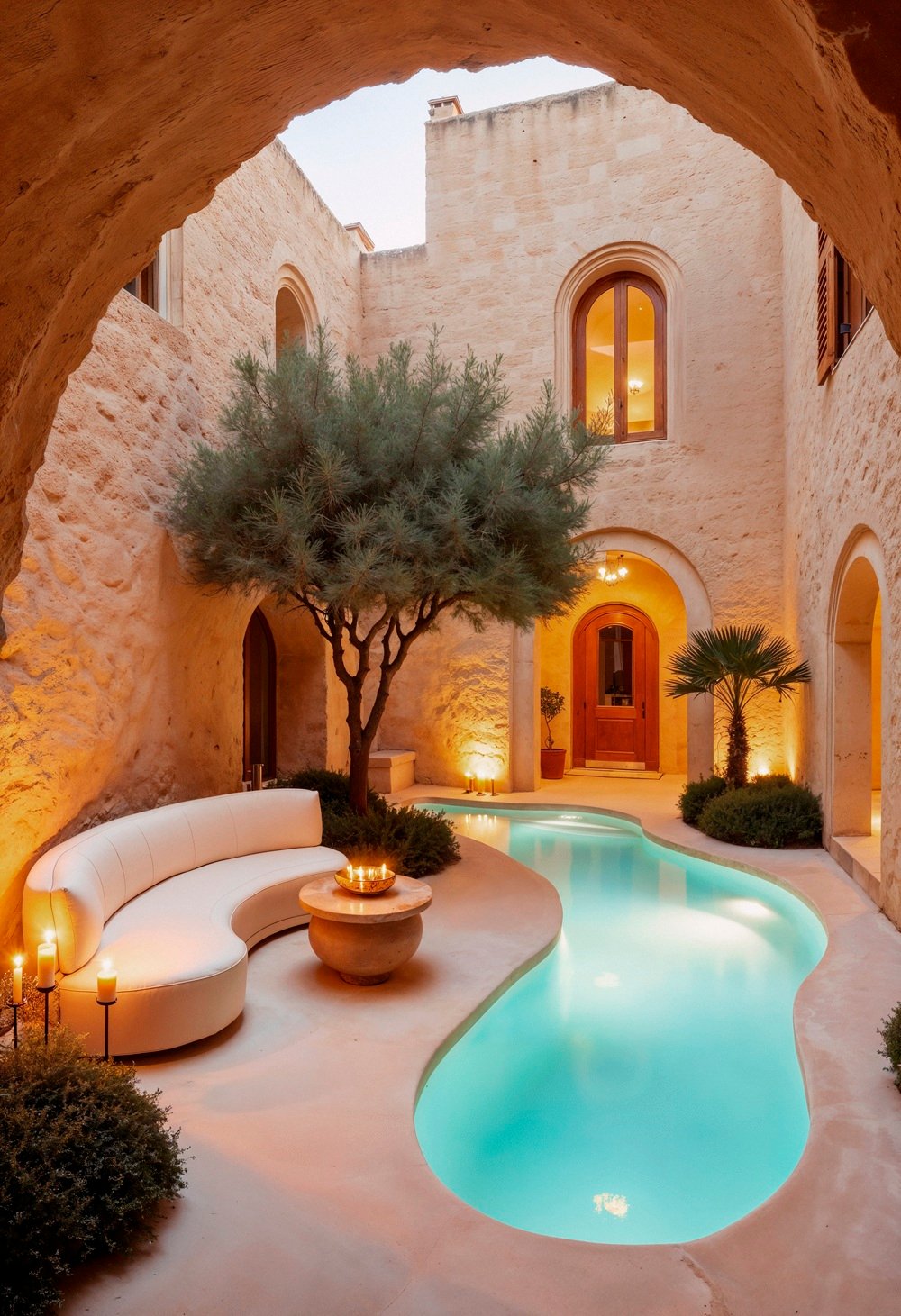 courtyard oasis with pool relaxation area
