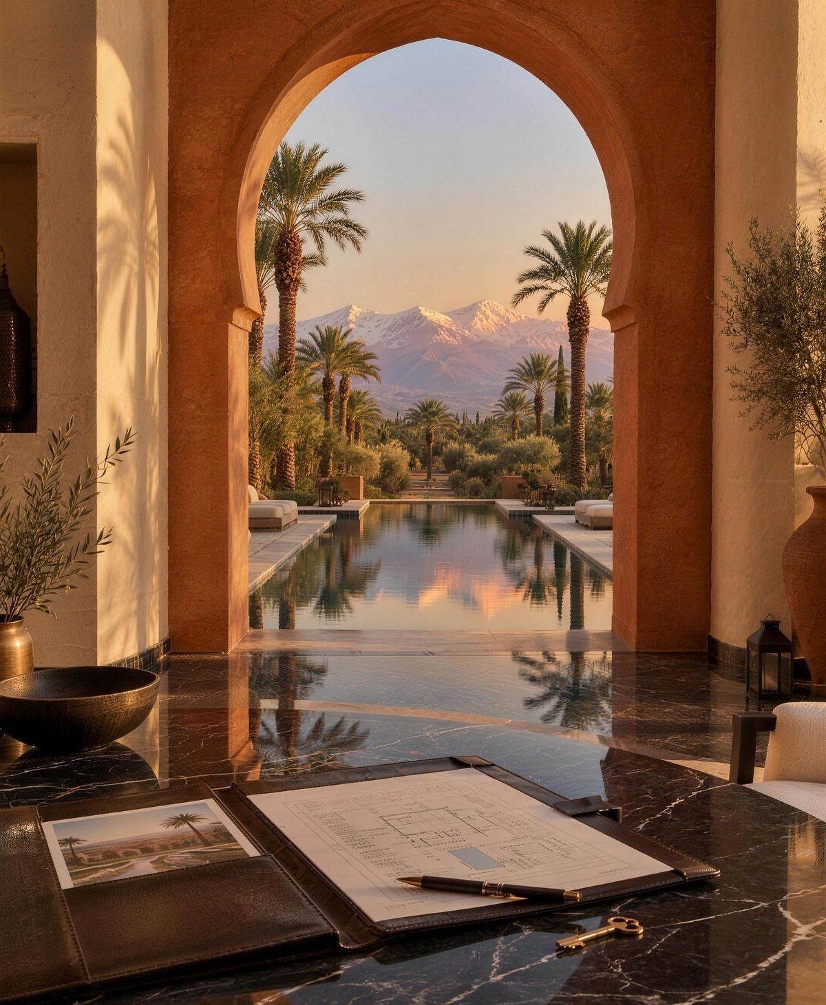 Arche marocaine en terre cuite ouvrant sur un bassin, des palmiers et l’Atlas enneigé au coucher du soleil, au-dessus d’une table en marbre noir avec des plans et une clé en laiton