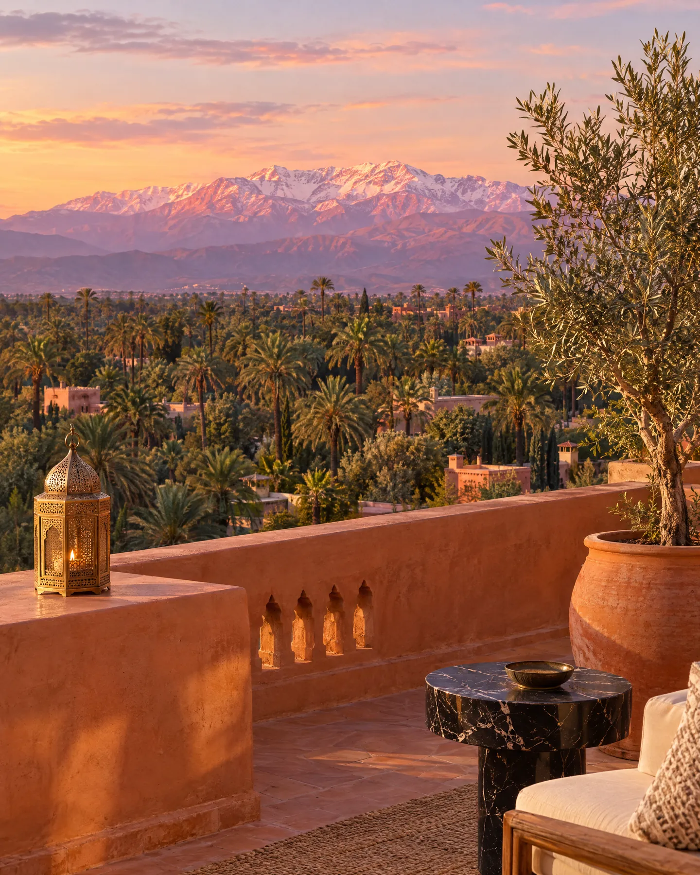 El palmeral de Marrakech y el Atlas nevado al atardecer, desde una terraza de terracota