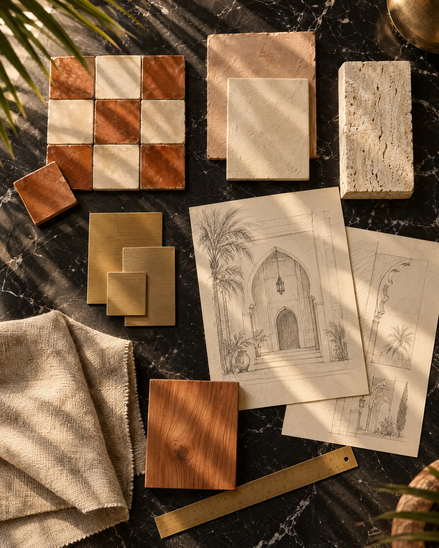 Muestrario de materiales: baldosas de terracota, travertino, latón, madera y bocetos de arquitectura