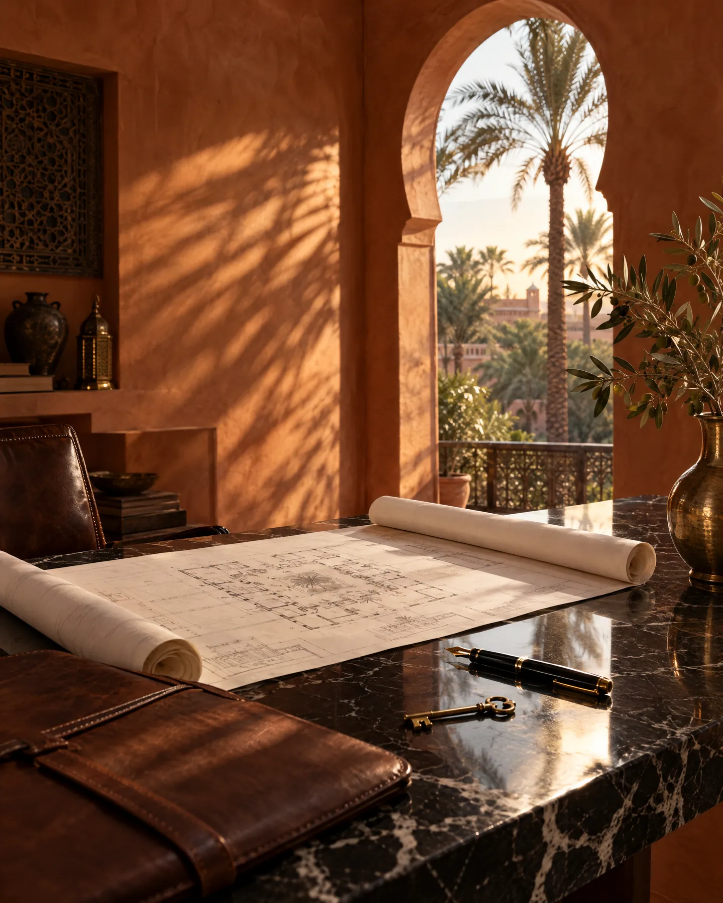 Planos de arquitectura, una pluma estilográfica y una llave de latón sobre un escritorio de mármol en Marrakech