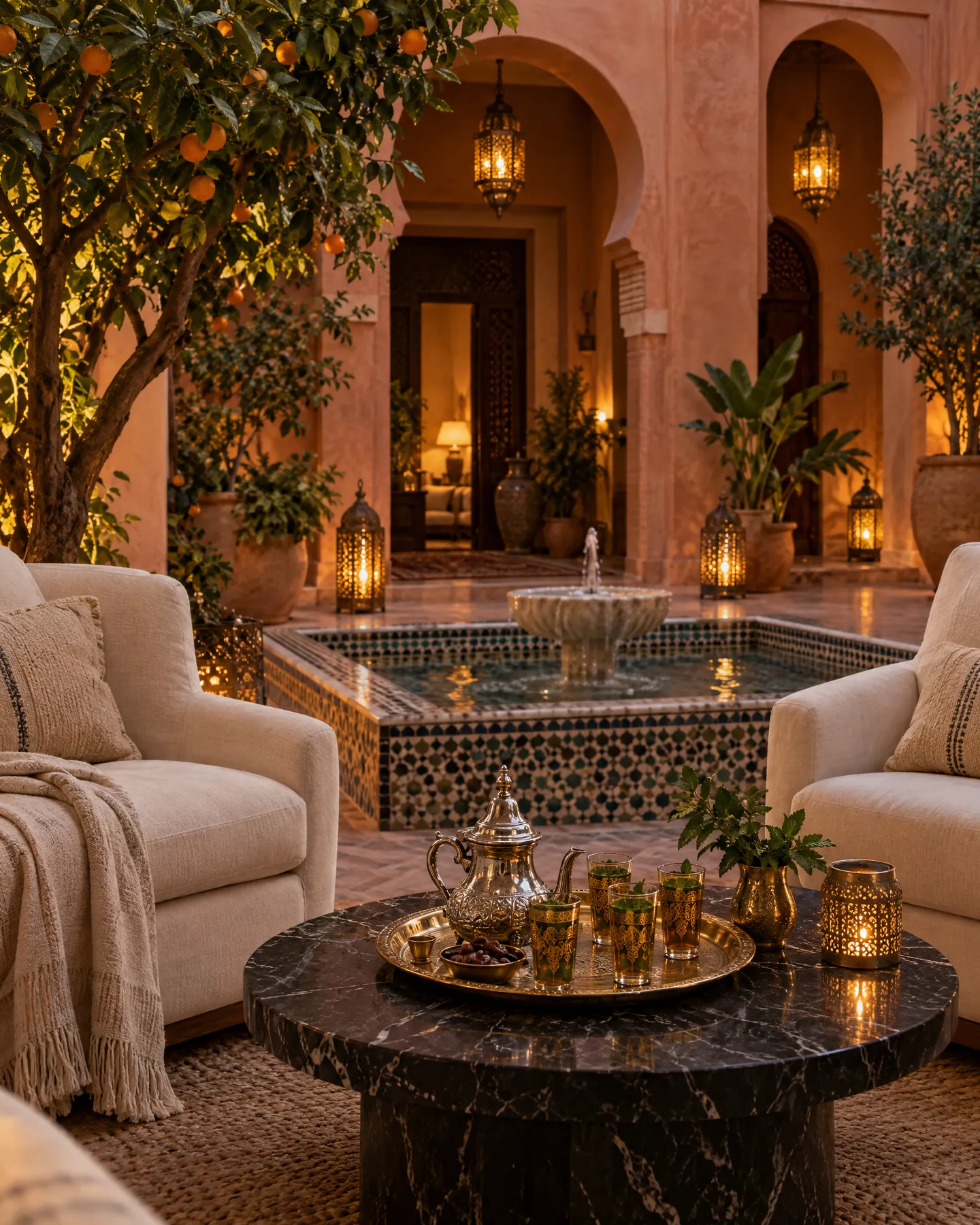 Patio de un riad de noche con fuente, faroles y té a la menta