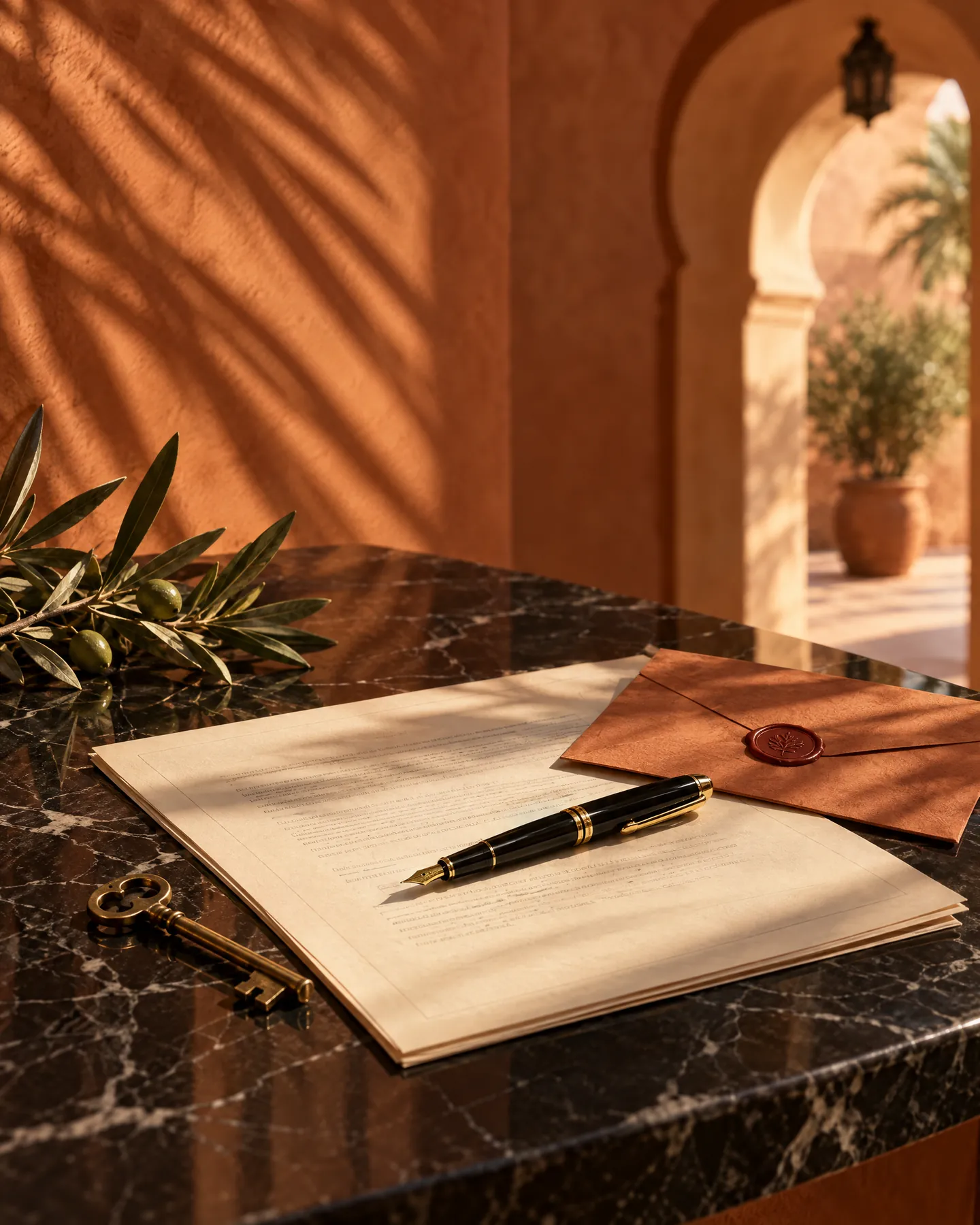 A signed agreement, fountain pen, sealed envelope and brass key on a marble desk